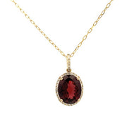 14K Yellow Gold Oval Halo Garnet and Diamond Necklace